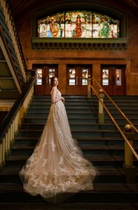 bride on a grand staircase in St Louis Union Station